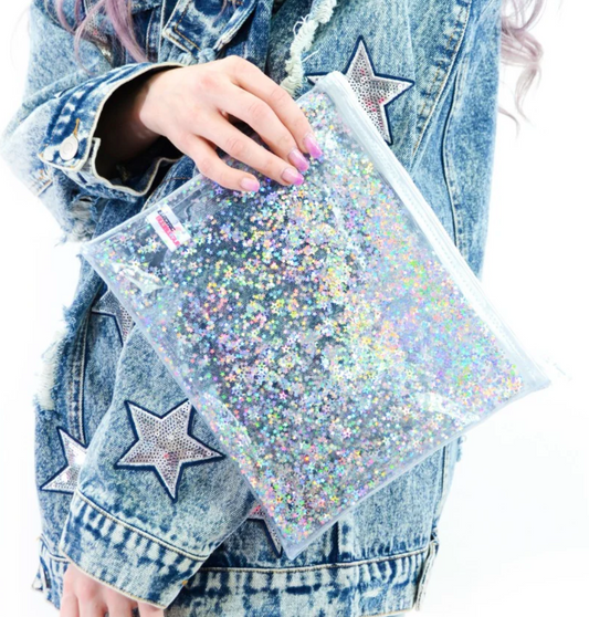 ELECTRIC BUBBLEGUM LIQUID GLITTER ATOMIC SILVER MAKE-UP BAG